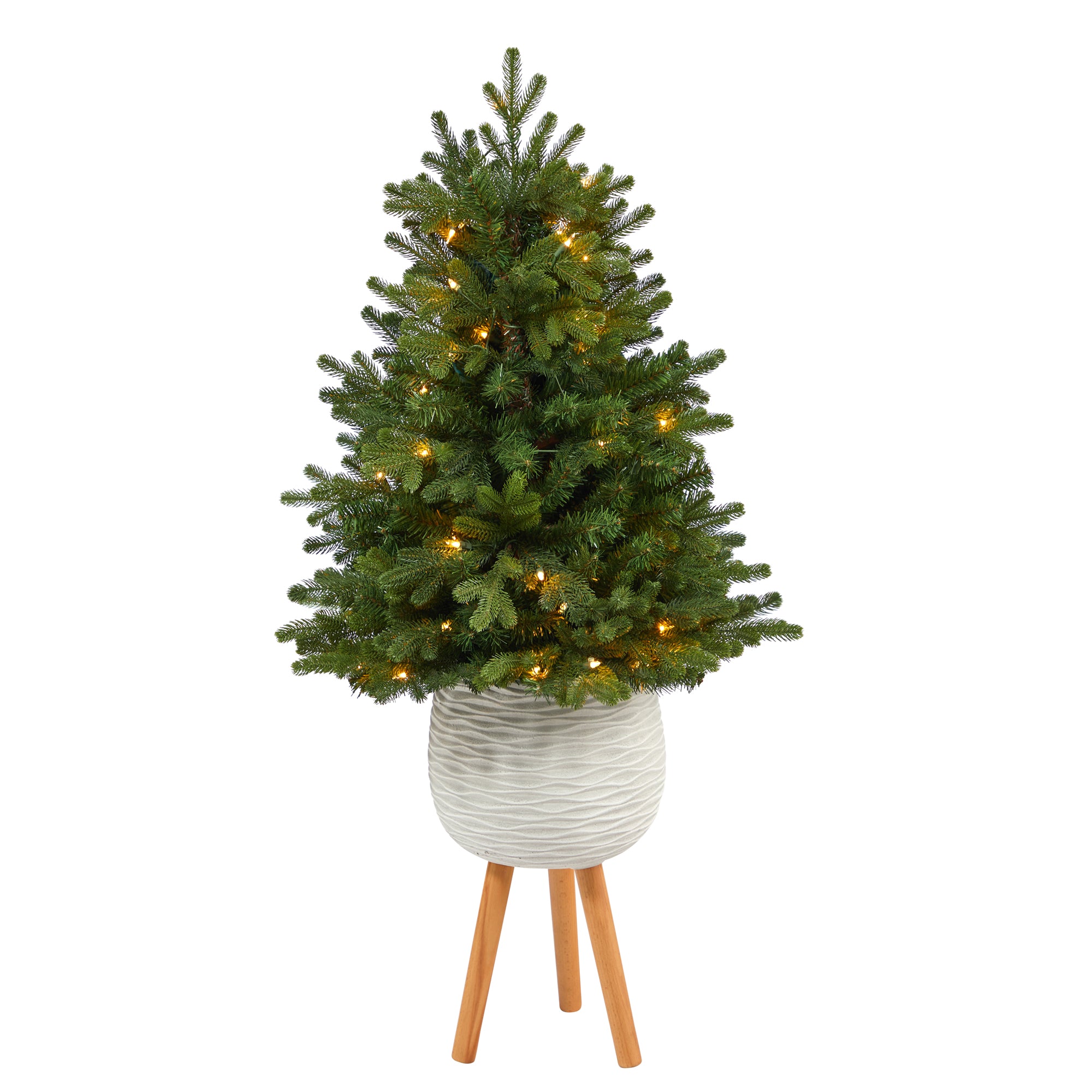 4' Washington Fir Artificial Christmas Tree with 50 Clear Lights in White Planter with Decorative Planter Stand