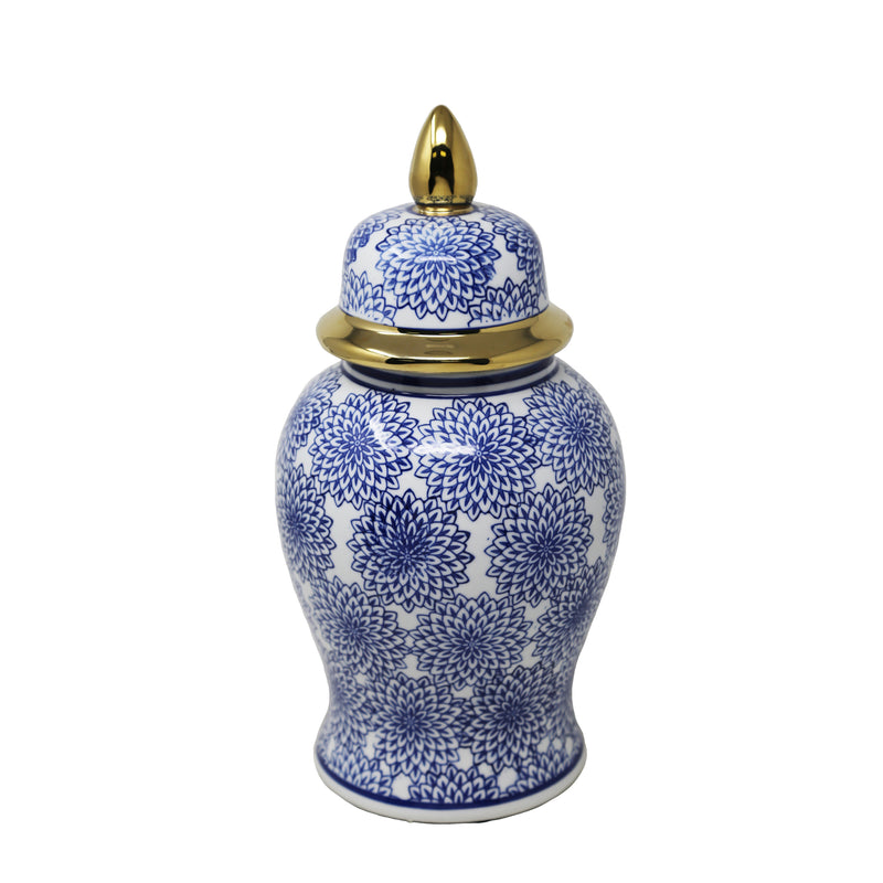 14.5" Temple Jar with Dahlia Flower, Blue & White, Jars